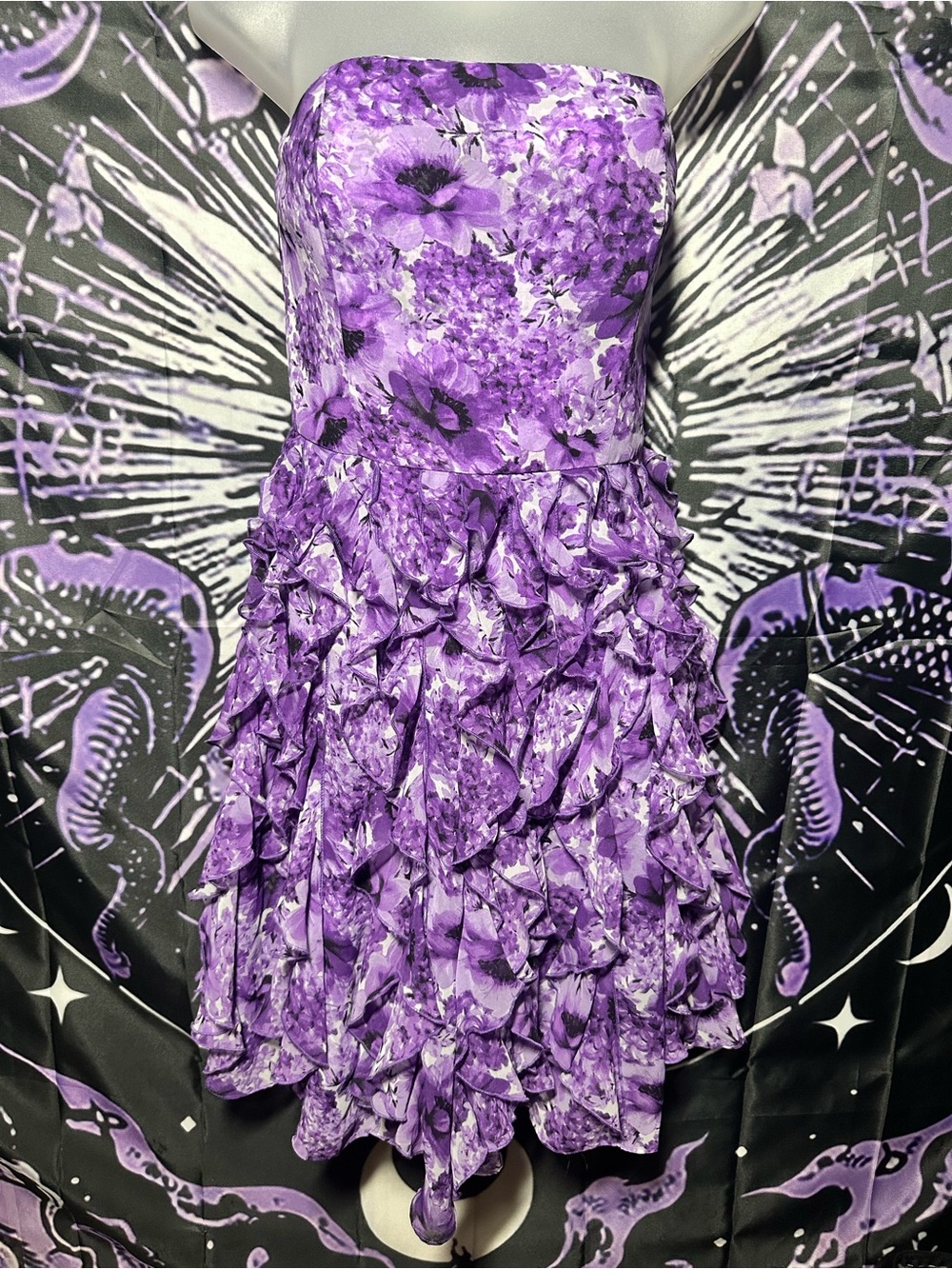White House Black Market Purple Floral Strapless Ruffle Dress